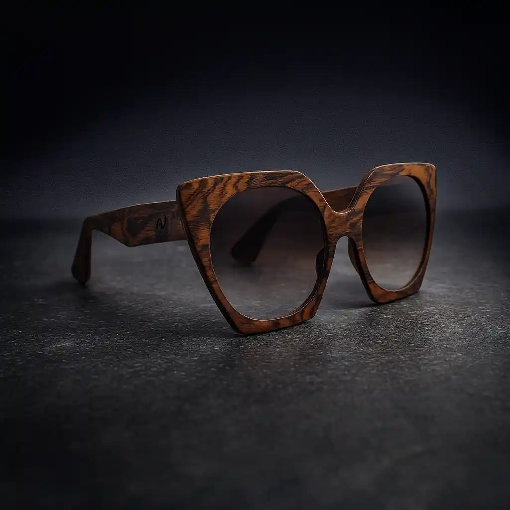 Occhiali da sole in legno stile cat-eye con venature naturali e lenti sfumate marroni su sfondo scuro