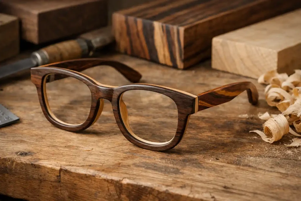 Montatura di occhiali in legno artigianali appoggiata su banco da lavoro, con venature naturali e diverse essenze di legno visibili, illuminazione naturale laterale.