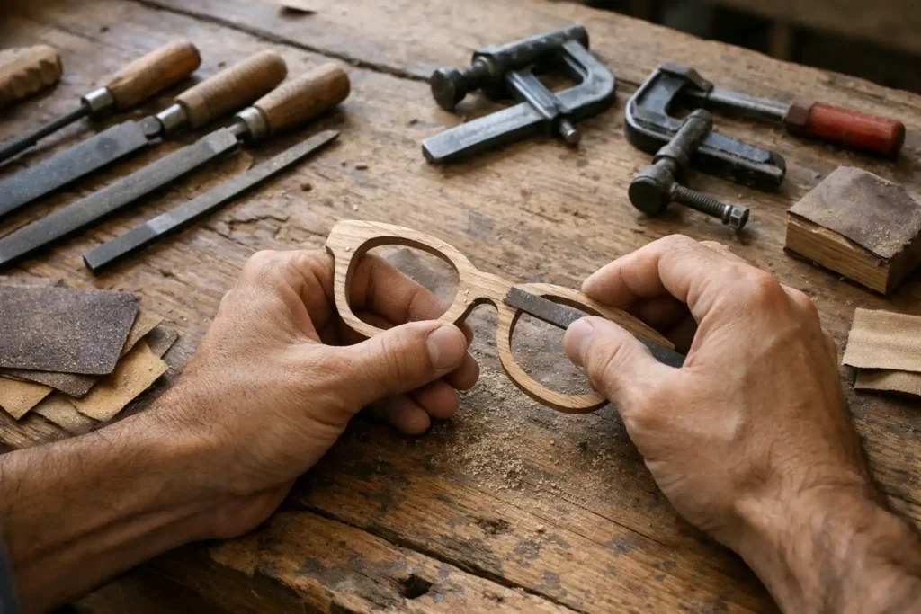 Lavorazione artigianale di occhiali in legno fatti a mano