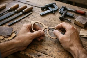 Lavorazione artigianale di occhiali in legno fatti a mano