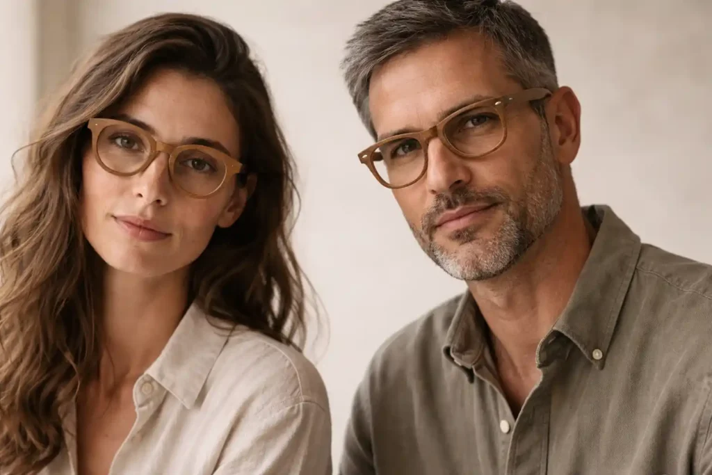 Occhiali in legno artigianali indossati su volti diversi per mostrare come valorizzano forme e stili differenti