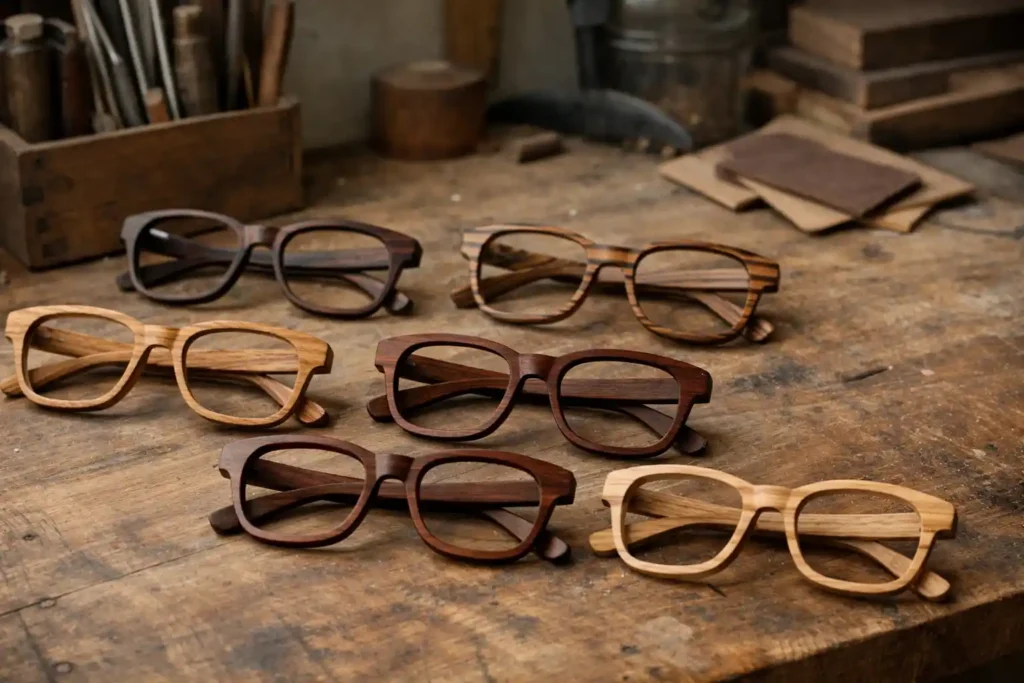 Occhiali in legno artigianali appoggiati su banco da lavoro in laboratorio, con essenze diverse e venature naturali visibili