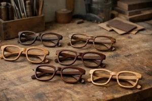 Occhiali in legno artigianali appoggiati su banco da lavoro in laboratorio, con essenze diverse e venature naturali visibili