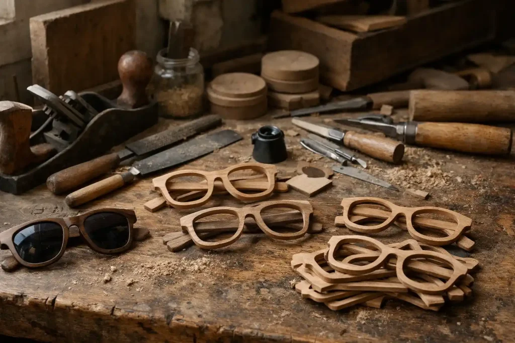 Laboratorio italiano di occhiali in legno artigianali in fase di lavorazione