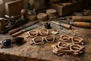 Laboratorio italiano di occhiali in legno artigianali in fase di lavorazione