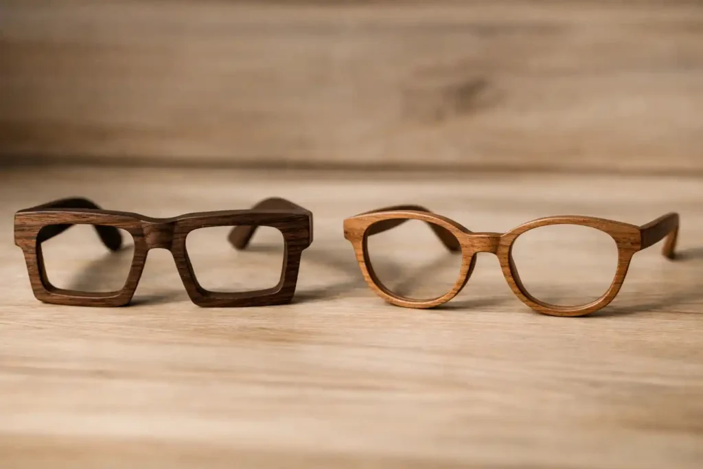 Occhiali in legno artigianali uomo e donna con differenze di design e proporzioni
