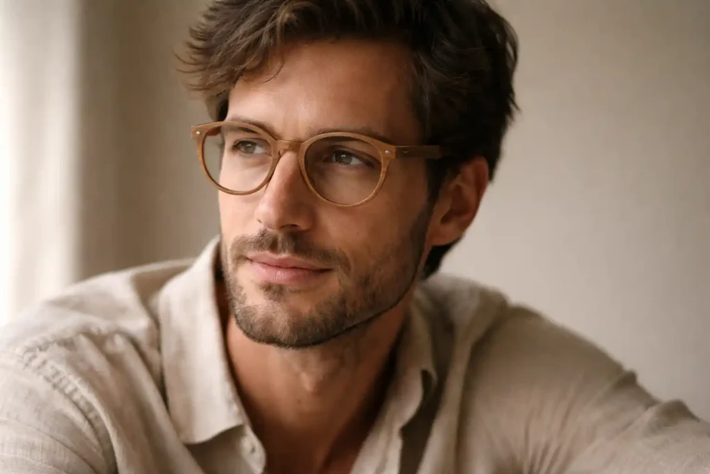 Occhiali in legno artigianali indossati, dettaglio comfort e vestibilità