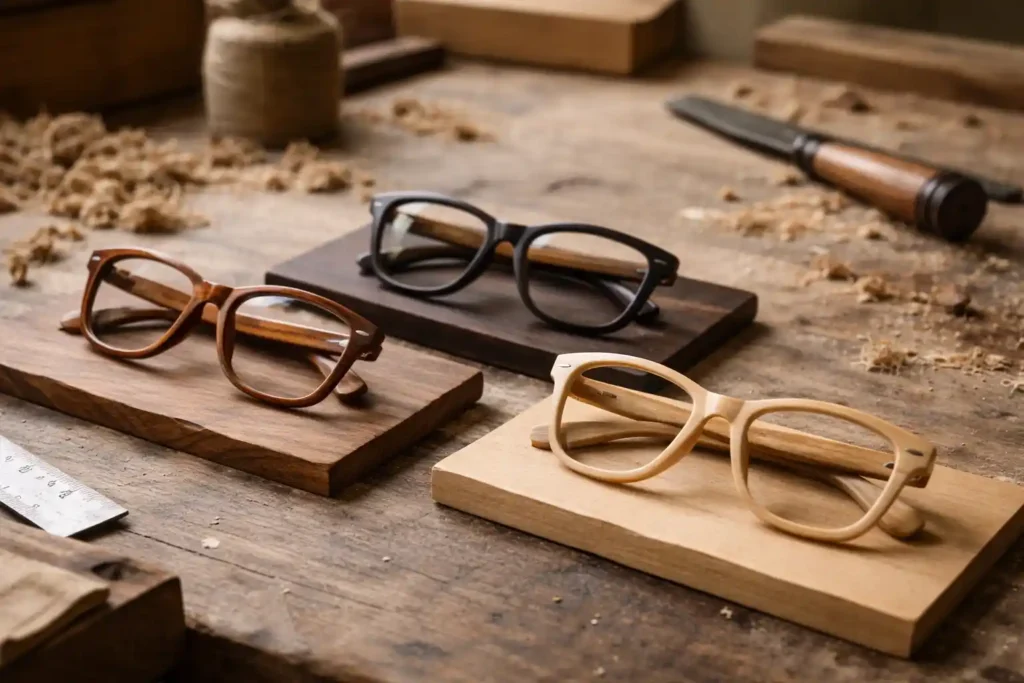 Occhiali in legno artigianali con diverse essenze pregiate a confronto