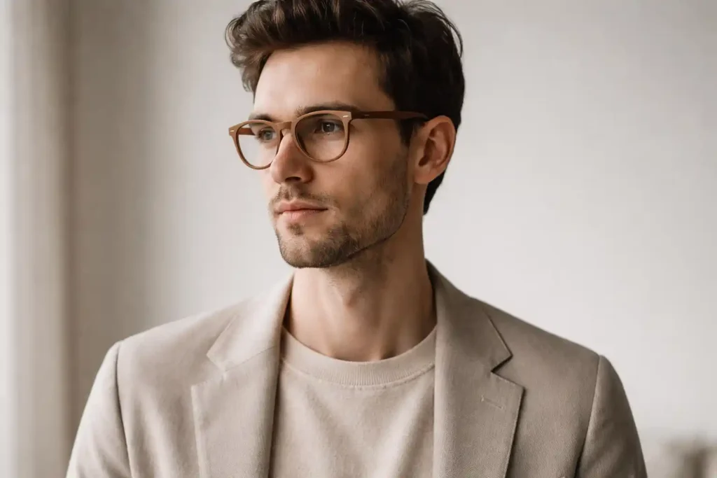 Occhiali in legno artigianali abbinati a look moderno e minimal