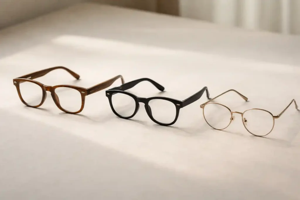 Occhiali in legno, plastica e metallo a confronto su superficie neutra