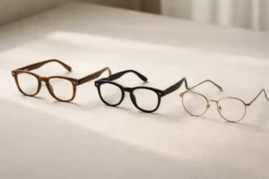 Occhiali in legno, plastica e metallo a confronto su superficie neutra