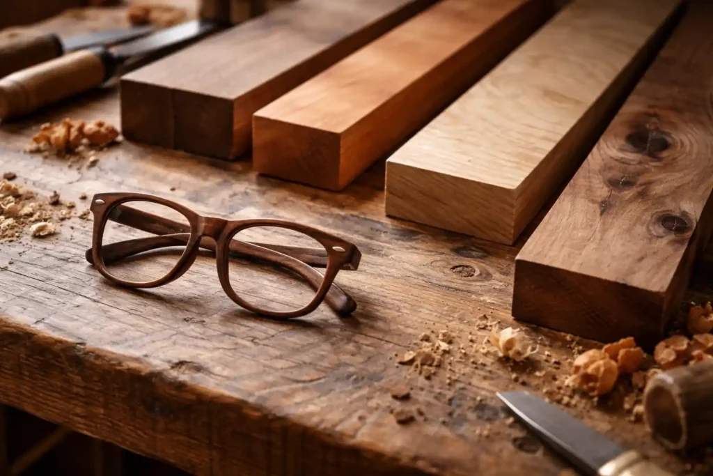 Selezione di legni per occhiali artigianali su banco da lavoro