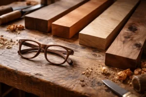 Selezione di legni per occhiali artigianali su banco da lavoro
